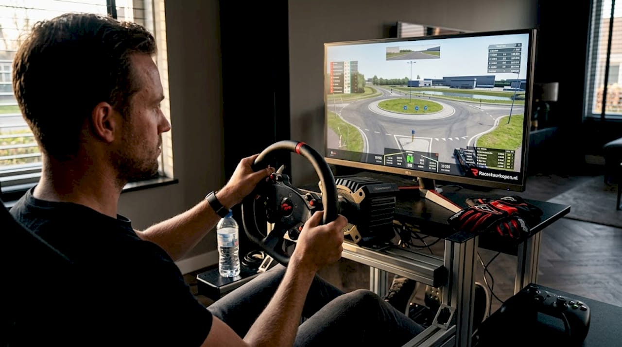Een simracer stelt thuis zijn force feedback stuur nauwkeurig af voor de perfecte rijervaring.