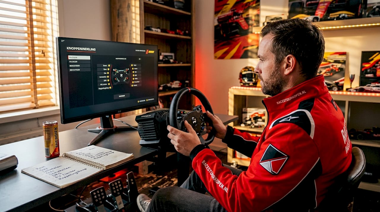 Een simracer zit achter zijn bureau in de thuiswerkplek en stelt de knoppen op zijn stuur opnieuw in.