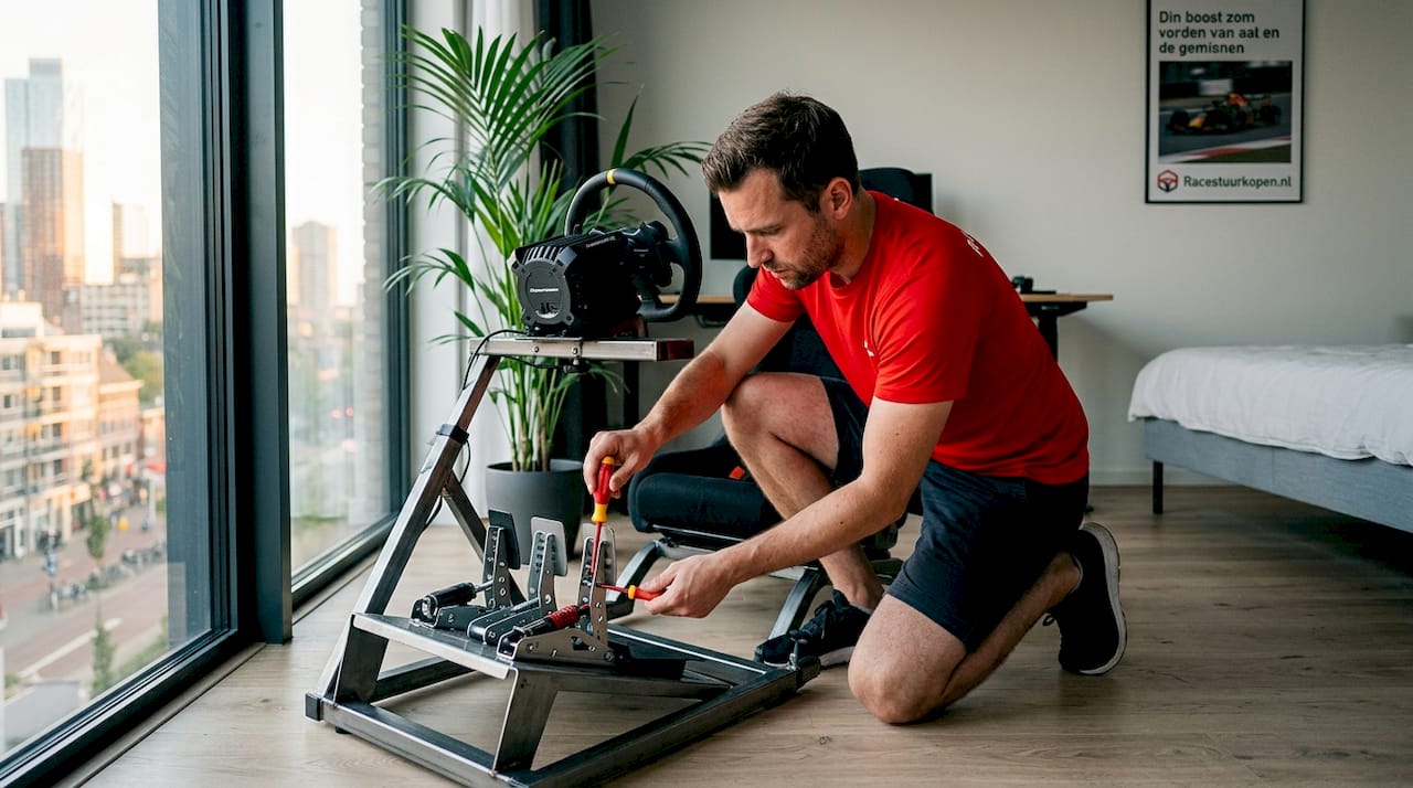 Een simracer zit in zijn thuiskantoor de pedalen van zijn racestoel goed af te stellen.