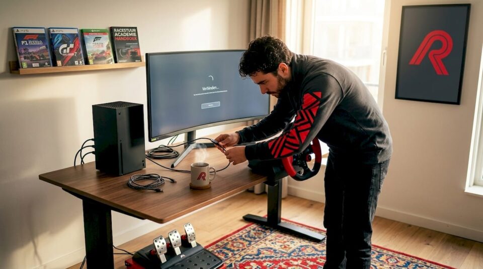 Man installeert racestuur van zijn Xbox in de woonkamer