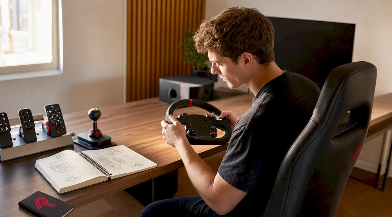 Man bekijkt racestuur op zijn bureau