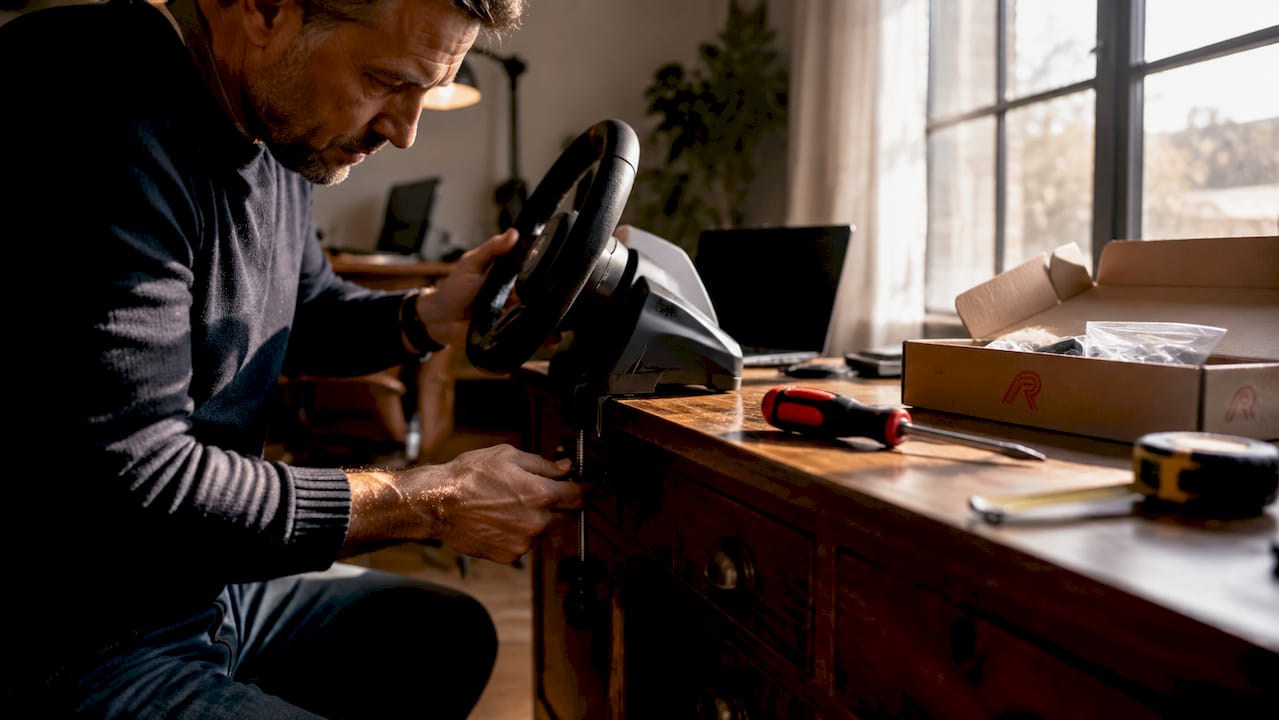 Man bevestigt racestuur met klem aan zijn bureau