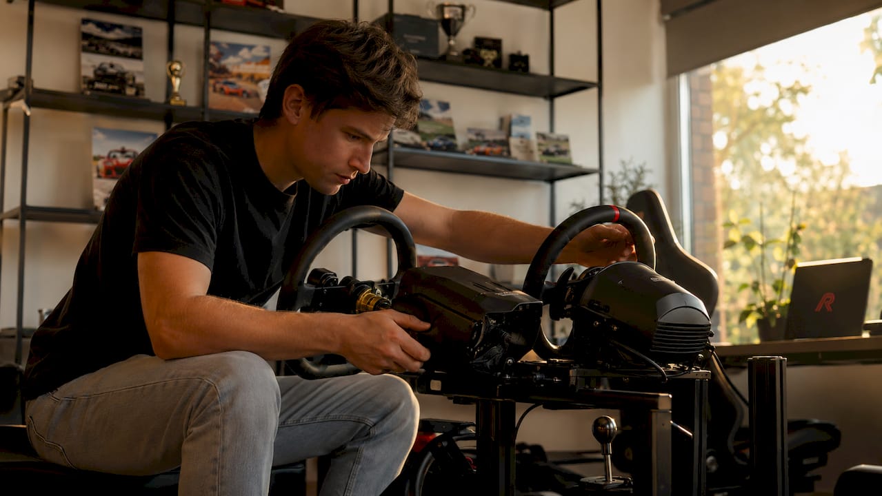 Gamer zet Thrustmaster en Logitech racesturen naast elkaar