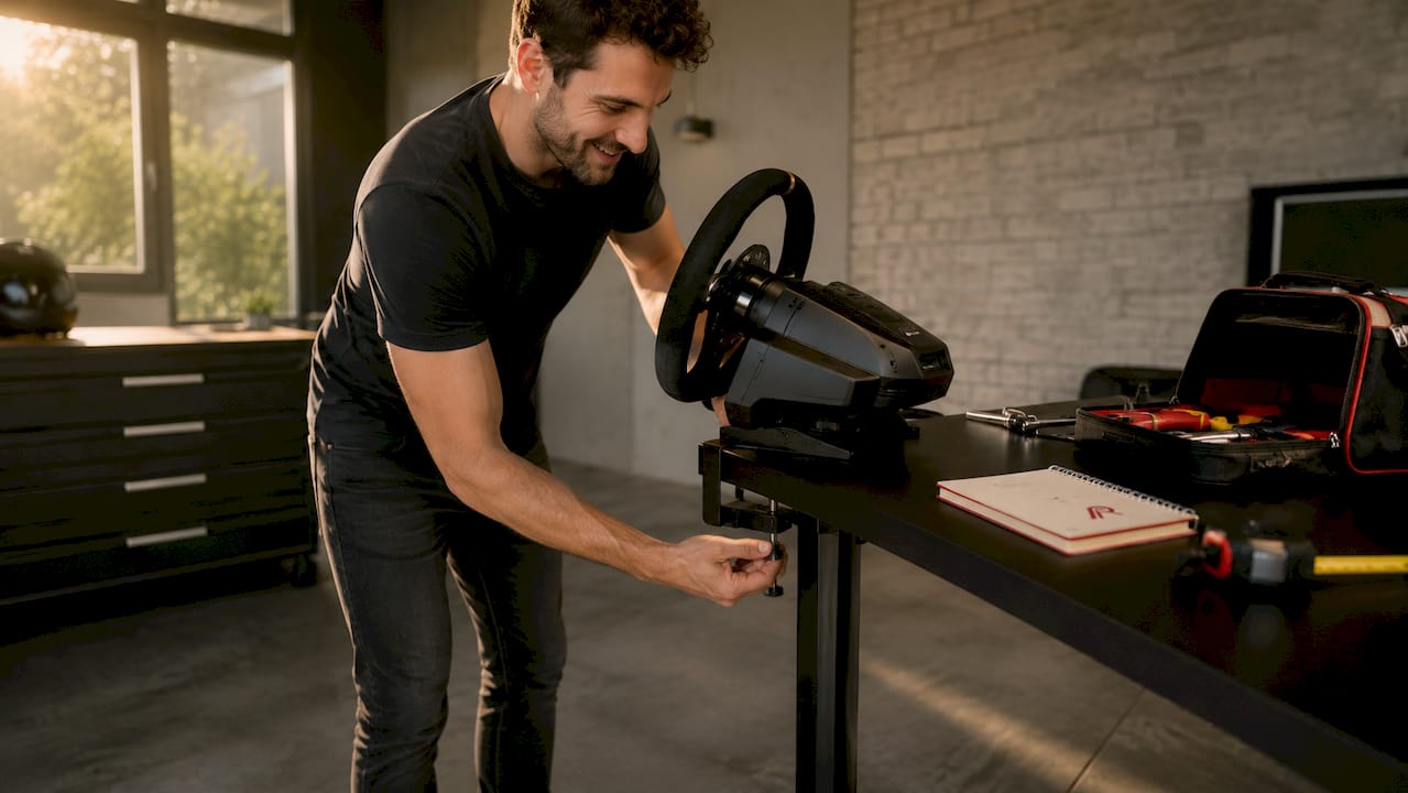 Man monteert racestuur stevig aan zijn houten bureau