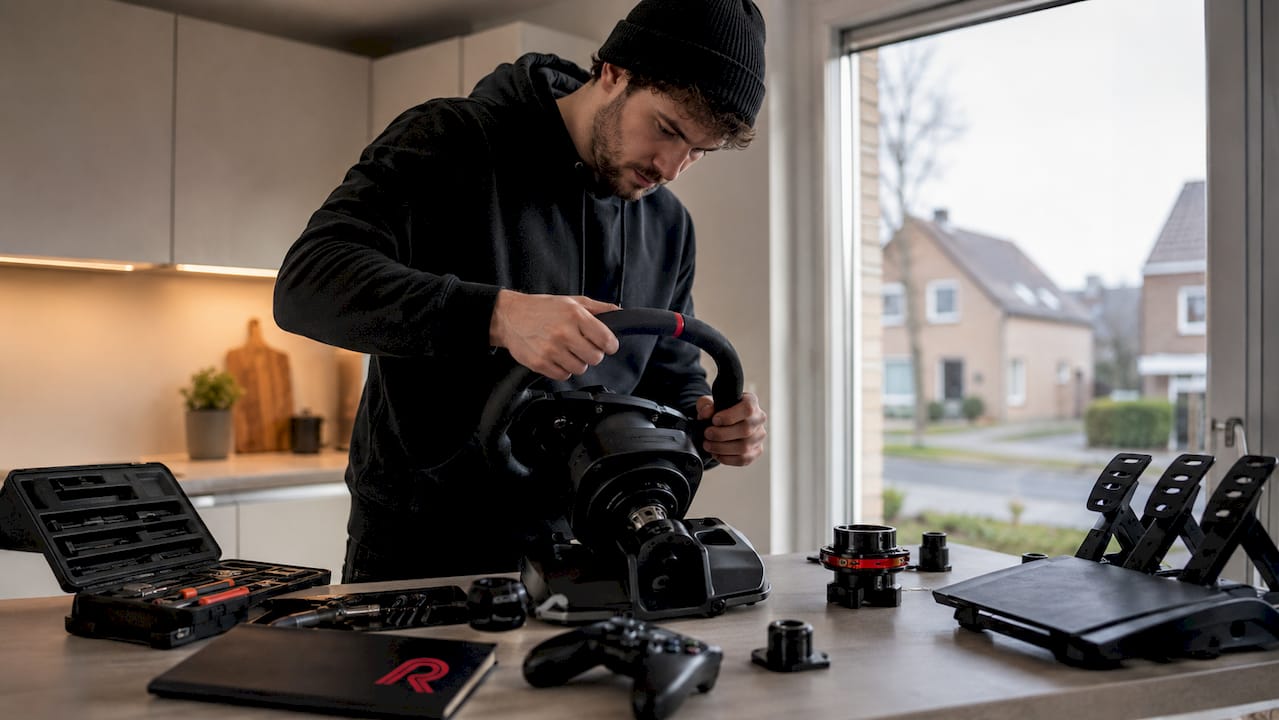 Een man is bezig om de onderdelen van een Thrustmaster racestuur in elkaar te zetten.