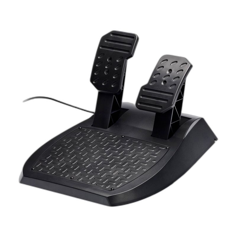 De Fanatec 2-PEDAL PEDAL SET - T150/T80 heeft zwarte racepedalen van kunststof met een voetsteun met textuur, verbonden door een kabel.