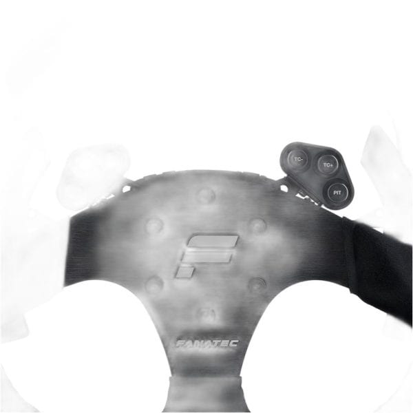 Close-up van een Fanatec-racestuur met logo en knoppen, sommige met gelabelde dopjes zoals TC+, TC-, PIT, plus één zonder label.