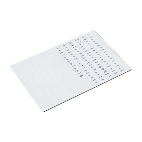 De Fanatec Knopdoppen en Stickerset toont gelijkmatig verdeelde zwarte gedrukte woorden in rijen en kolommen in een rasteropstelling.