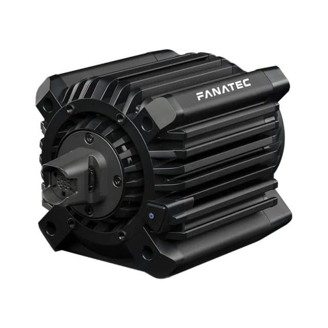 De Fanatec ClubSport DD+ is een zwart, direct aangedreven sim racestuur met een cilindrisch ontwerp met vinnen en een centrale aansluitpoort.