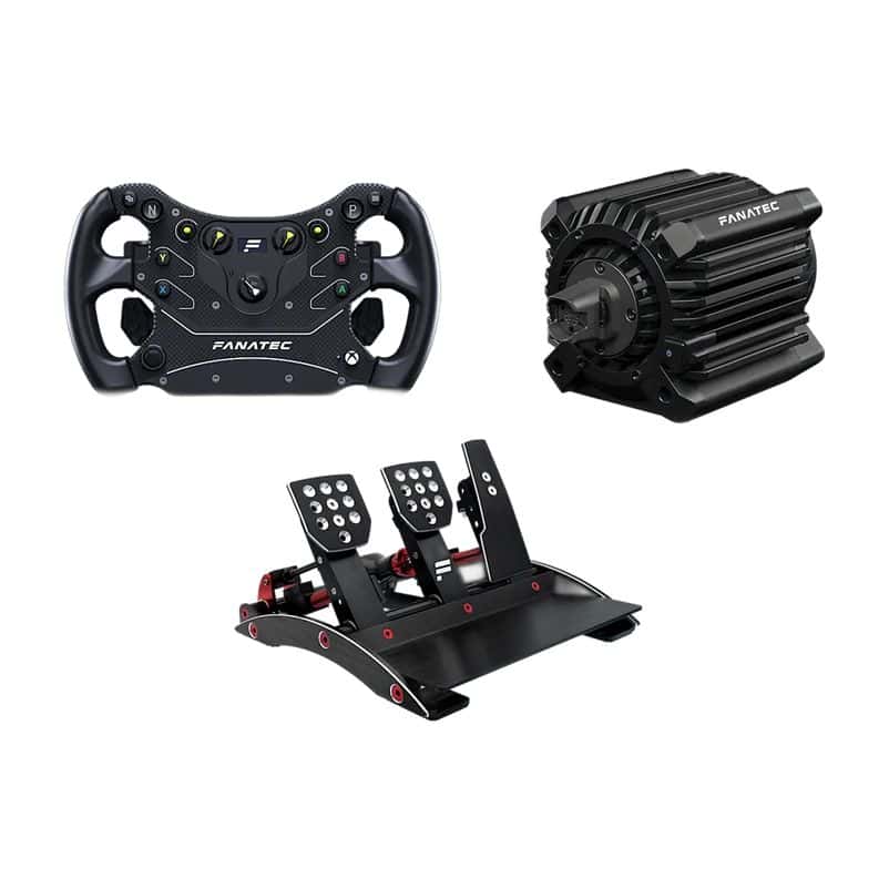 De Fanatec ClubSport DD+ Ready2Race GT3 Bundle (15 Nm) heeft een zwart stuur, drie pedaalsets en een gemotoriseerde stuurbasis met metallic accenten.