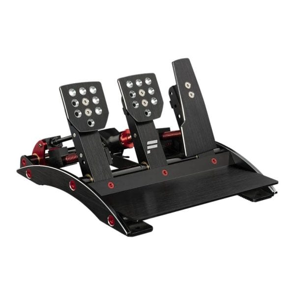 De Fanatec ClubSport GT Cockpit Gran Turismo Bundle - Black (15 Nm) heeft drie zwarte en zilveren pedalen met een metalen basis, zichtbare veren en stelschroeven voor levensechte racesimulatie.