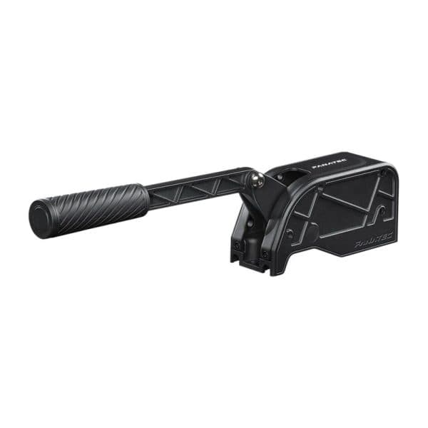 Een gereviseerde Fanatec ClubSport Handbrake V2, gemaakt van zwart metaal met een handgreep met textuur en een hoekig ontwerp, heeft montagegaten aan de onderkant.