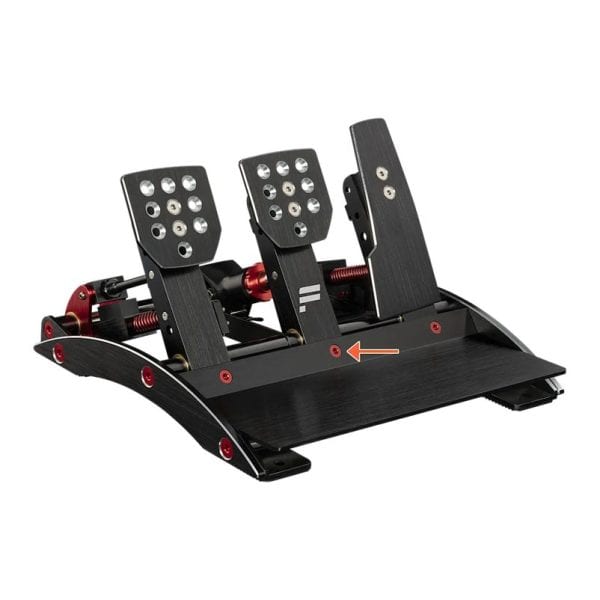 Fanatec ClubSport Pedalen V3 - M6x12mm Schroef (Rood) toont zwart met rode drie pedalen set met metalen pedalen, grip gaten en pijl.