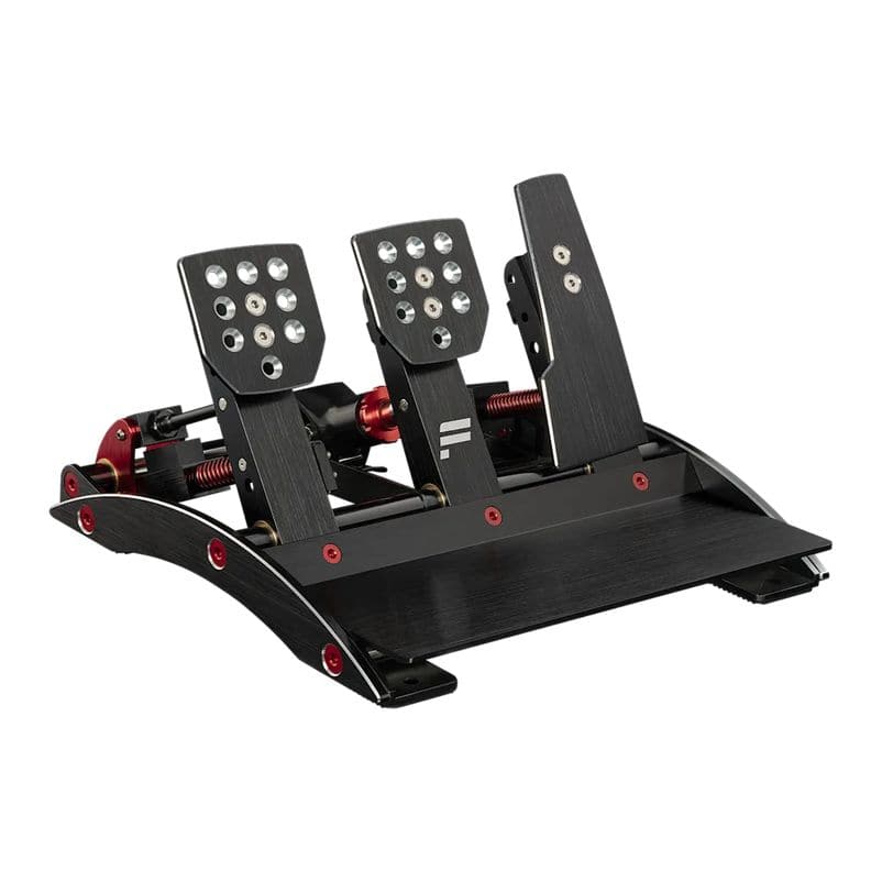 Fanatec ClubSport Pedalen V3 (Gereviseerd) hebben twee zwarte metalen racepedalen op een gebogen voet, met zichtbare bouten, veren en rode accenten.