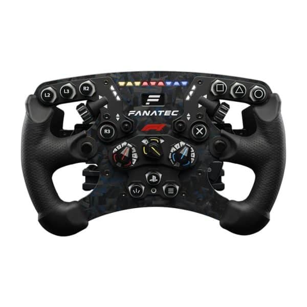 Fanatec ClubSport F1 Racing Wheel + CSL Elite V2 Bundel met zwarte afwerking, gelabelde knoppen, schakelaars en draaiknoppen voor sim racen.