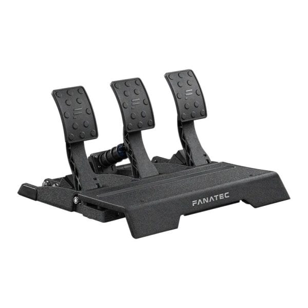 Drie zwarte pedalen met gestructureerd oppervlak zijn gemonteerd op een rechthoekige voet, onderdeel van de Fanatec ClubSport Racing Wheel bundel.