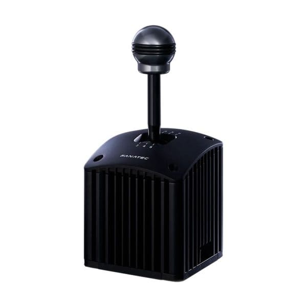 De Fanatec ClubSport Shifter SQ V1.5 (Refurbished) staat rechtop, met een zwarte body, zilveren ball-top handgreep en geventileerde vierkante voet.