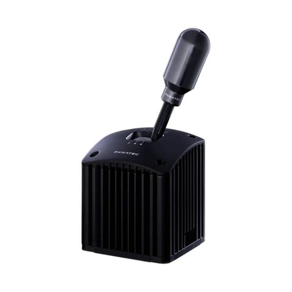 Een gereviseerde zwarte Fanatec ClubSport Shifter SQ V1.5 met verticale hendel en schakelpatroon wordt getoond.