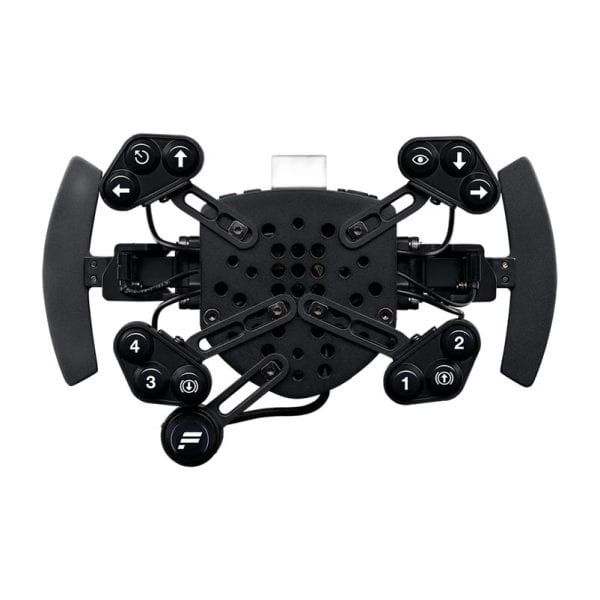 Bovenaanzicht van het Fanatec ClubSport-stuur 320 Alcantara®, met zwarte afwerking, twee peddels en symmetrisch geplaatste knoppen.