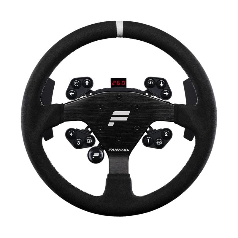 Het Fanatec ClubSport-stuur 320 Alcantara® is zwart en heeft een digitaal display aan de bovenkant, genummerde knoppen en pictogrammen en een grip met textuur.