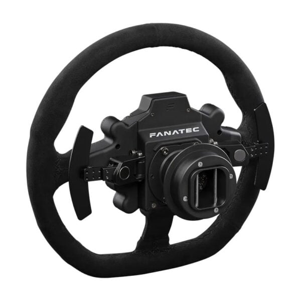 Het Fanatec ClubSport BMW M3 GT2 V2 is een zwart racestuur met suède of lederen grip, schakelpaddles, naaf en aansluitingen.