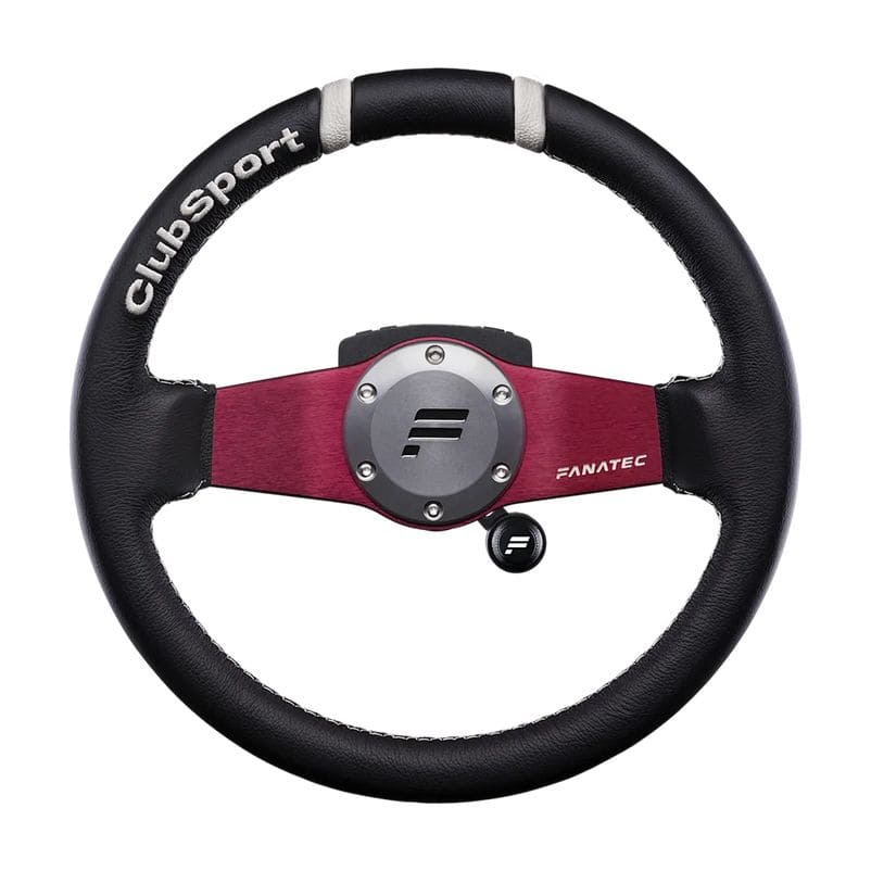 Het Fanatec ClubSport Stuur Drift V2 heeft een zwart en rood kleurenschema, een metallic middenstuk, een gestikte leren grip en "ClubSport"-tekst.