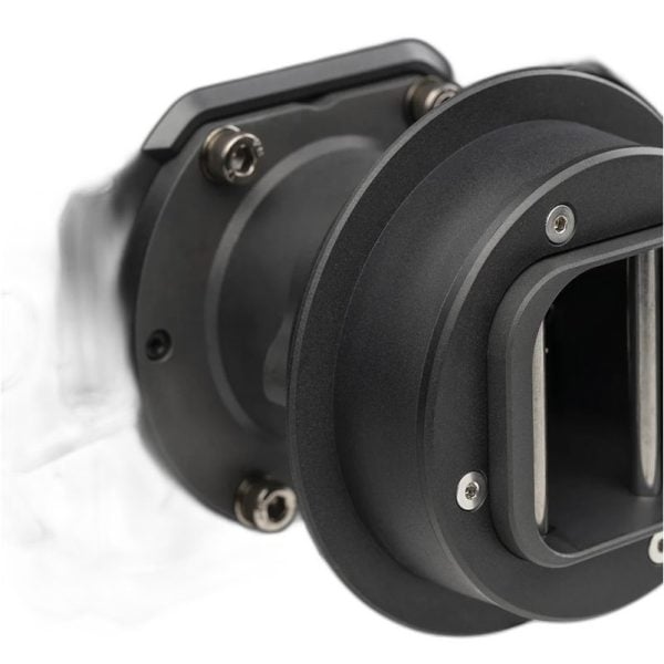 Close-up van het Fanatec ClubSport-stuur F1 Esports V2 + QR2, met de nadruk op de zwarte mechanische constructie met metalen schroeven en geometrische vormen, verbonden met een transparant paneel.