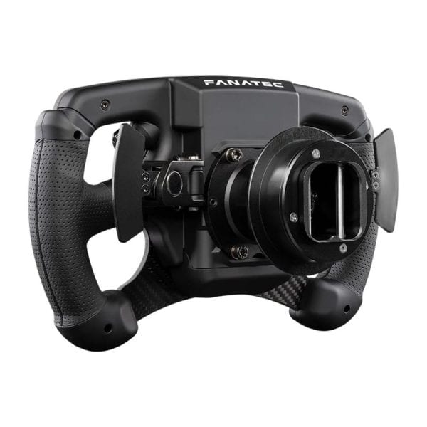 Een opgeknapt zwart Fanatec ClubSport-stuur Formula V2.5 QR2 met getextureerde handgrepen, centrale naaf en bedieningsknoppen, vooraan schuin bekeken.