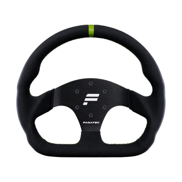 De Fanatec ClubSport GT Alcantara V2 voor Xbox is een zwart stuur met een groene bovenstreep en een geborstelde metalen middenplaat.