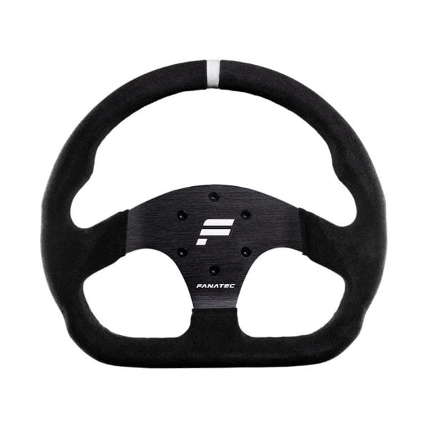 Het Fanatec ClubSport-stuurwiel GT V2 heeft een platte onderkant, een zwart suède grip, zilveren accenten en een metalen centrale plaat met het Fanatec-logo.