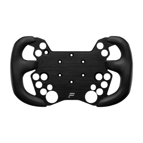 Het Fanatec ClubSport-stuur GT3 Endurance voor Xbox heeft een zwarte, rechthoekige voorkant met twee grote ergonomische grepen en verschillende ronde uitsparingen voor knoppen.