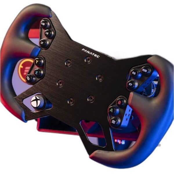 Close-up van het Fanatec ClubSport GT3-stuur voor Xbox, met knoppen, thumbsticks, grips met textuur en blauwe en rode verlichting.