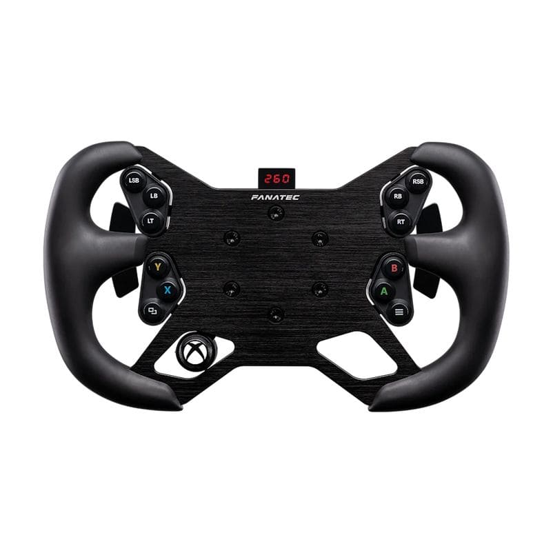 Het Fanatec ClubSport Stuur GT3 voor Xbox is zwart, met meerdere knoppen, grote handgrepen, een digitaal display en een Xbox-logo.