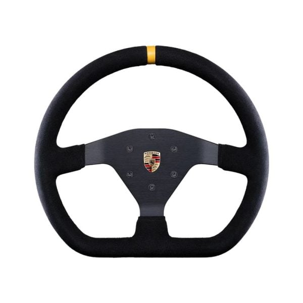 Het Fanatec ClubSport Stuur Porsche 911 GT3 R V2 voor Xbox (Suede) heeft een zwart raceontwerp, gele topmarkering en Porsche-logo.