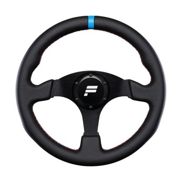 Het Fanatec ClubSport stuur R330 V2 is zwart en heeft een blauwe markering in het midden en een gestileerd F-logo op de naaf.