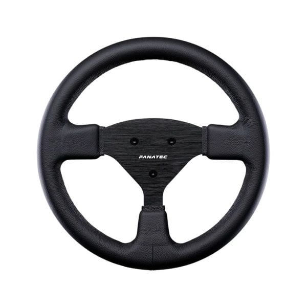 Het Fanatec ClubSport-stuurwiel Round 1 V2 voor Xbox heeft een zwart, gestructureerd ontwerp met drie spaken en een wit Fanatec-logo op de naaf.