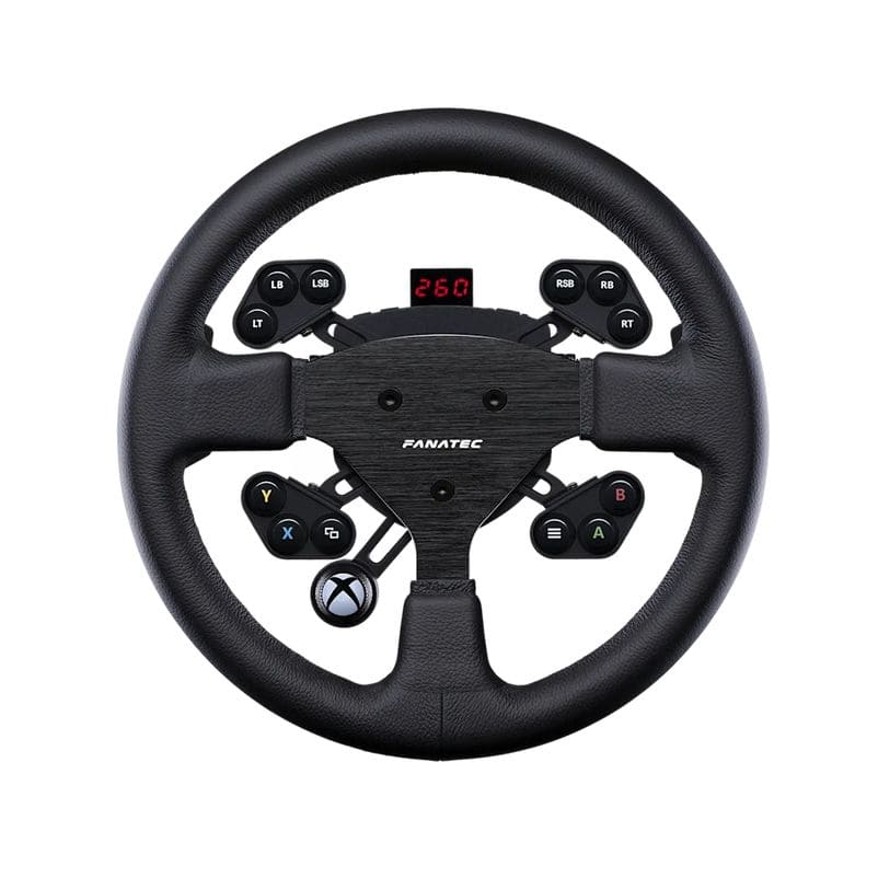 Het zwarte Fanatec ClubSport-stuurwiel Round 1 V2 voor Xbox heeft een leren grip, knoppen met labels, een display met 250 en een centraal Fanatec-logo.