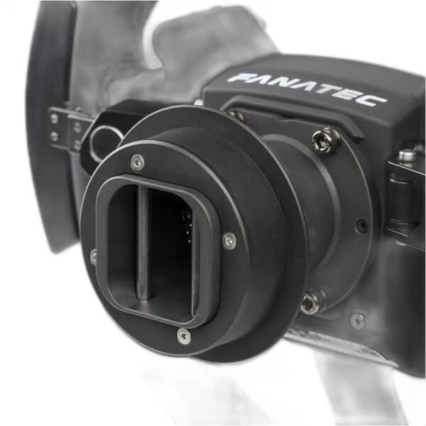 Gedetailleerd beeld van het Fanatec ClubSport stuur RS base, met de nadruk op het quick release systeem en het logo op een slank zwart-metallic frame.