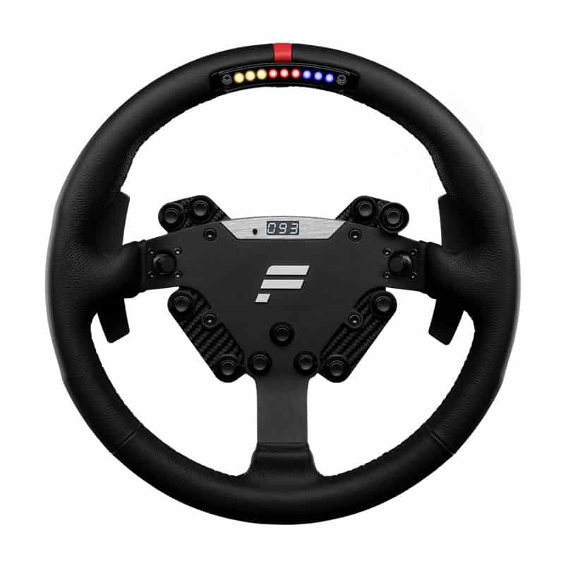 Fanatec ClubSport Steering Wheel RS in zwart met verschillende knoppen, een LED-strip bovenop, een display met de tekst 093 en een drieregelig logo.