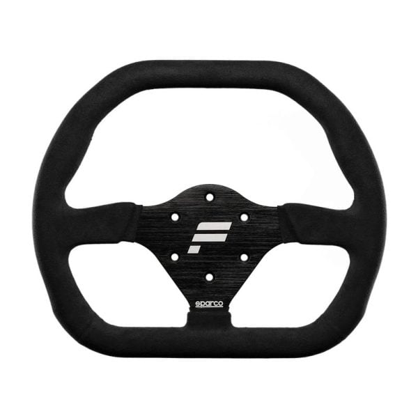 Het Fanatec ClubSport-stuurwiel SPARCO GT voor Xbox heeft een zwarte vlakke onderkant, gaten in de middenplaat, een Sparco-logo en een F-embleem.