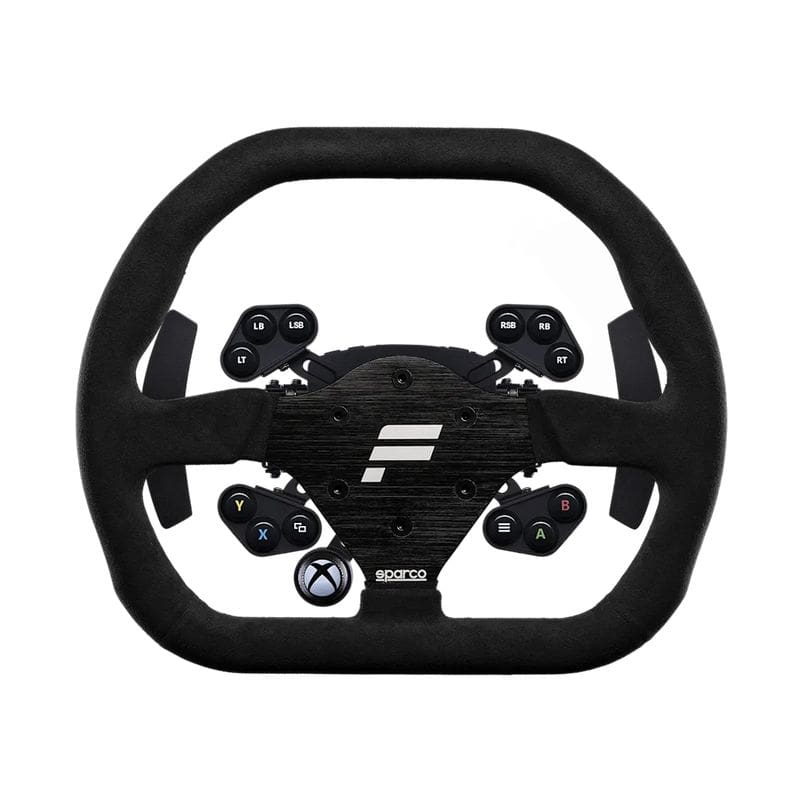 Het Fanatec ClubSport SPARCO GT-stuur voor Xbox heeft een suèdeachtige grip, knoppen met labels, richtingspads en een centraal Sparco-logo.