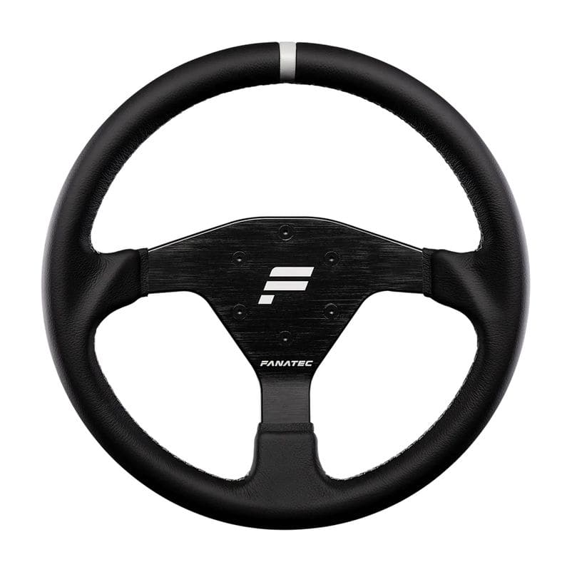 De Fanatec ClubSport velg 320 (Refurbished) heeft een zwart design, een zilveren streep in het midden en een geborstelde metalen plaat met logo.