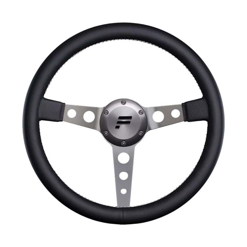 Fanatec ClubSport Wheel Rim Classic 2 (Refurbished), zwart en zilver, heeft drie metalen spaken met ronde uitsparingen en een naaf met F-logo.