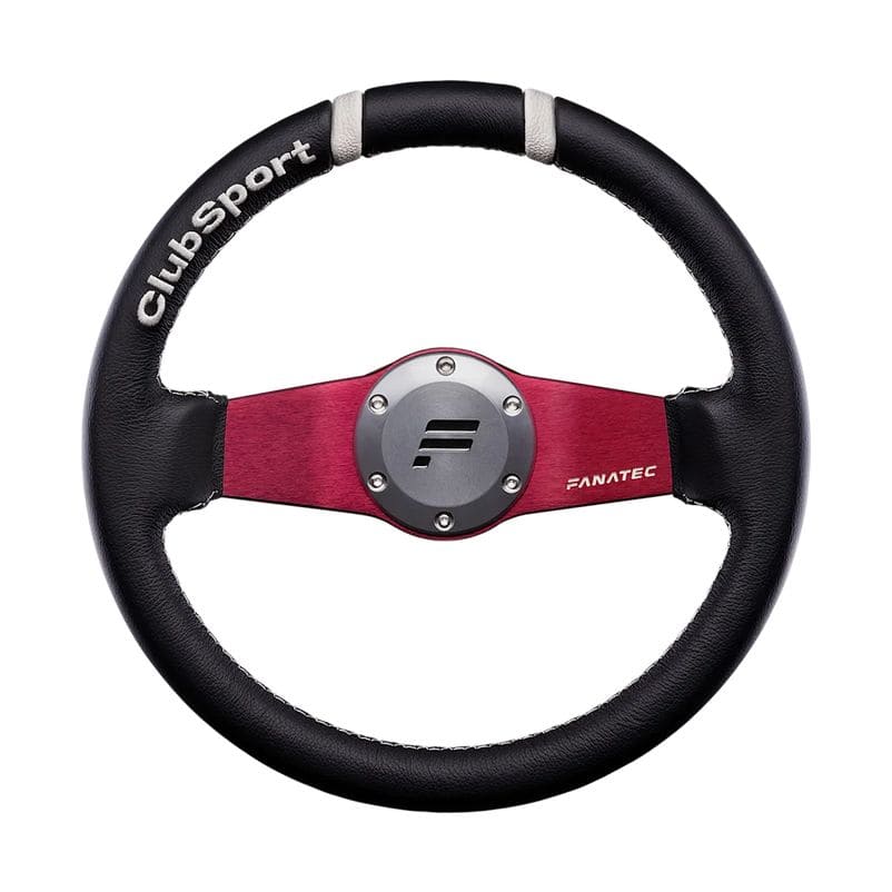 Het Fanatec ClubSport Wheel Rim Drift (Refurbished) heeft een zwart en rood design, een metalen middenstuk, Fanatec logo en "ClubSport" tekst.