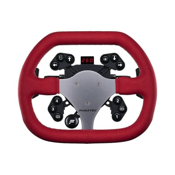 Het Fanatec ClubSport Wheel Rim Flat 2 heeft een rood suède handvat, zwarte knoppen met cijfers en symbolen, een digitaal display met "260" en een metalen middenplaat met het Fanatec-logo.