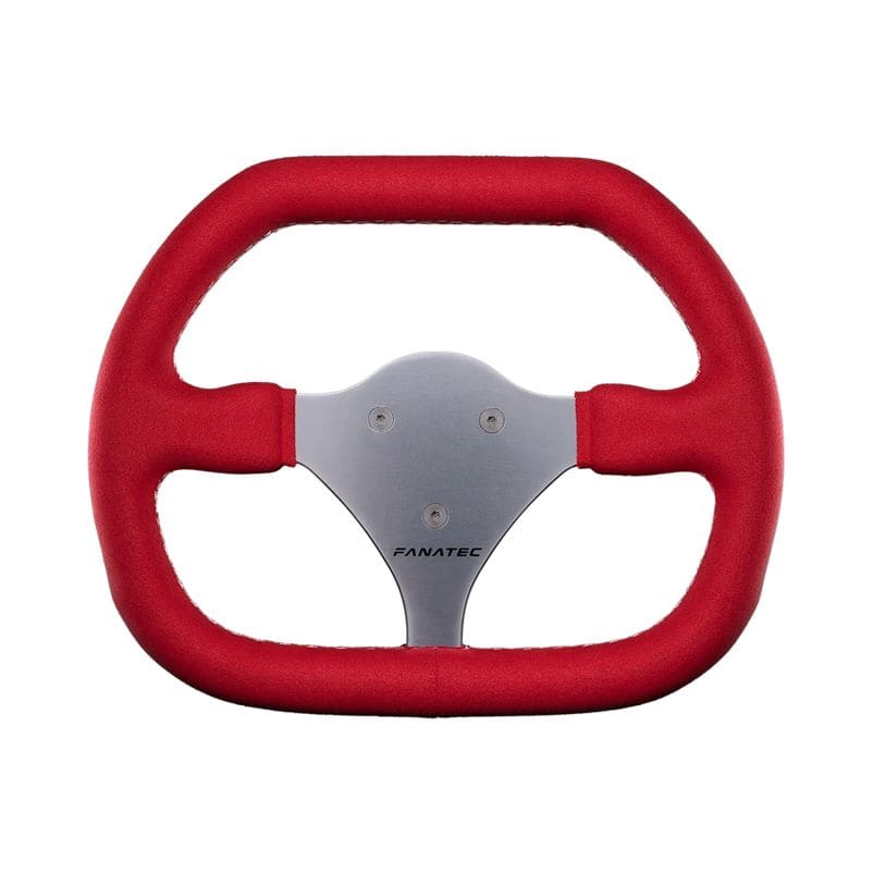 Het gereviseerde Fanatec ClubSport Wheel Rim Flat 2 is een rood, rechthoekig stuurwiel met een geborstelde metalen middenplaat, drie zichtbare schroeven en het Fanatec-logo, met een minimalistisch design zonder knoppen of extra toevoegingen.