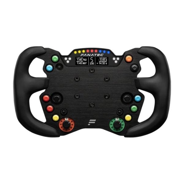 Fanatec ClubSport Wheel Rim GT3 Endurance met dubbele grips, levendige knoppen, dubbele telemetrieschermen, draaiknoppen en LED's bovenaan.