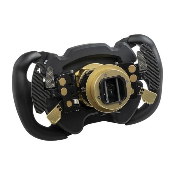 Close-up van de achterkant van het Fanatec ClubSport Wheel Rim GT3 Endurance met zwarte grips, gouden en koolstofvezel accenten, versnellingspoken en knoppen.