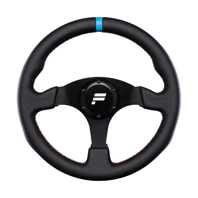 Het Fanatec ClubSport Wheel Rim R330 (Refurbished) is een zwart racestuur met drie spaken, een blauwe topstreep en een F-logo.