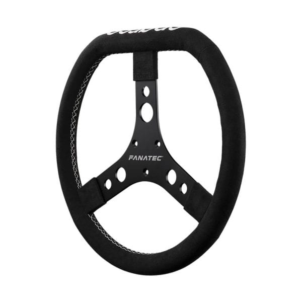 Het Fanatec ClubSport Sparco Karting-stuur is zwart met drie metalen spaken, ronde uitsparingen en "FANATEC" op de middelste spaak.